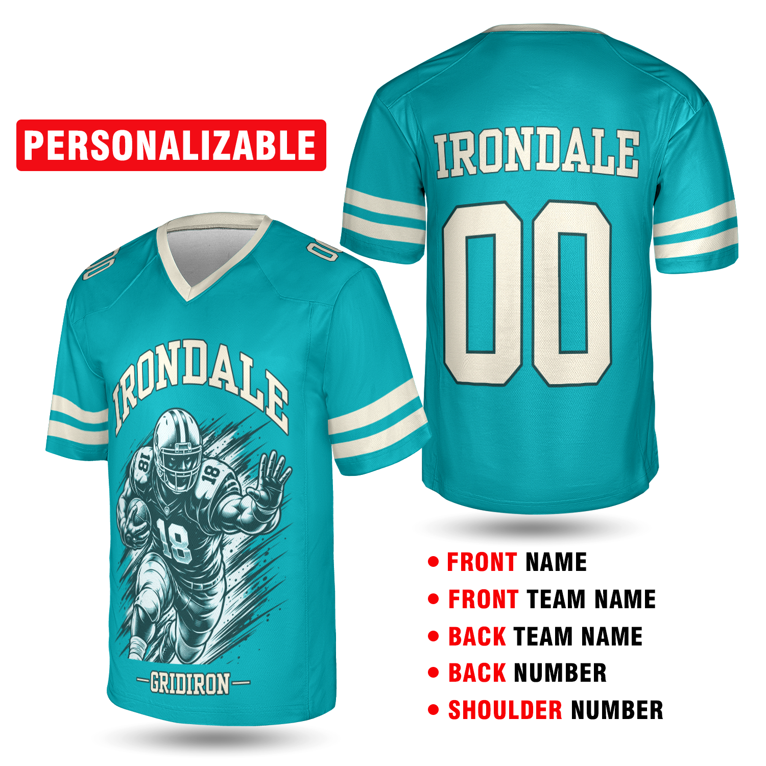 Teal Irondale Football Jersey – Personalized Team Name & Number